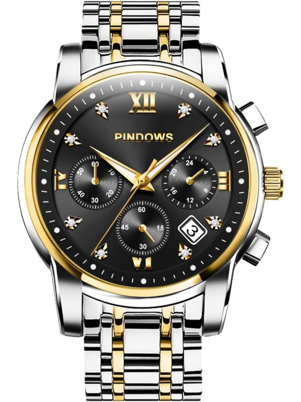 Men's Two Tone Gold Silver Quartz Watch Stainless Steel Diamond Dial Watch